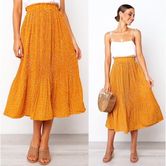 EXLURA Dresses & Skirts - EXLURA Women's Midi Skirts Elastic Waist Skirt Polka Dot Casual Pleated Sz M